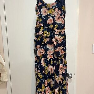 Stunning Soiree Navy Blue Floral Print Ruched Midi Dress